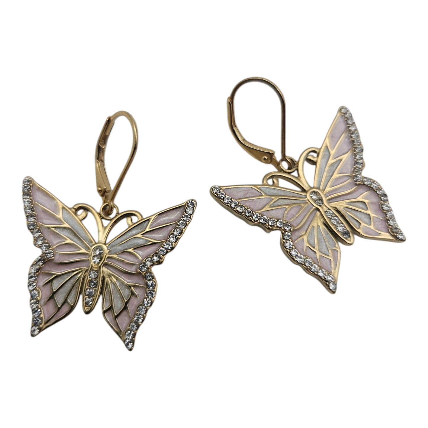 Butterfly earrings with gold and pink design on a white background
