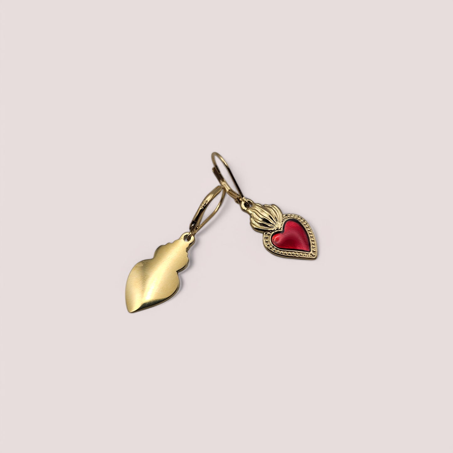 Gold Sacred Heart Earrings - Red