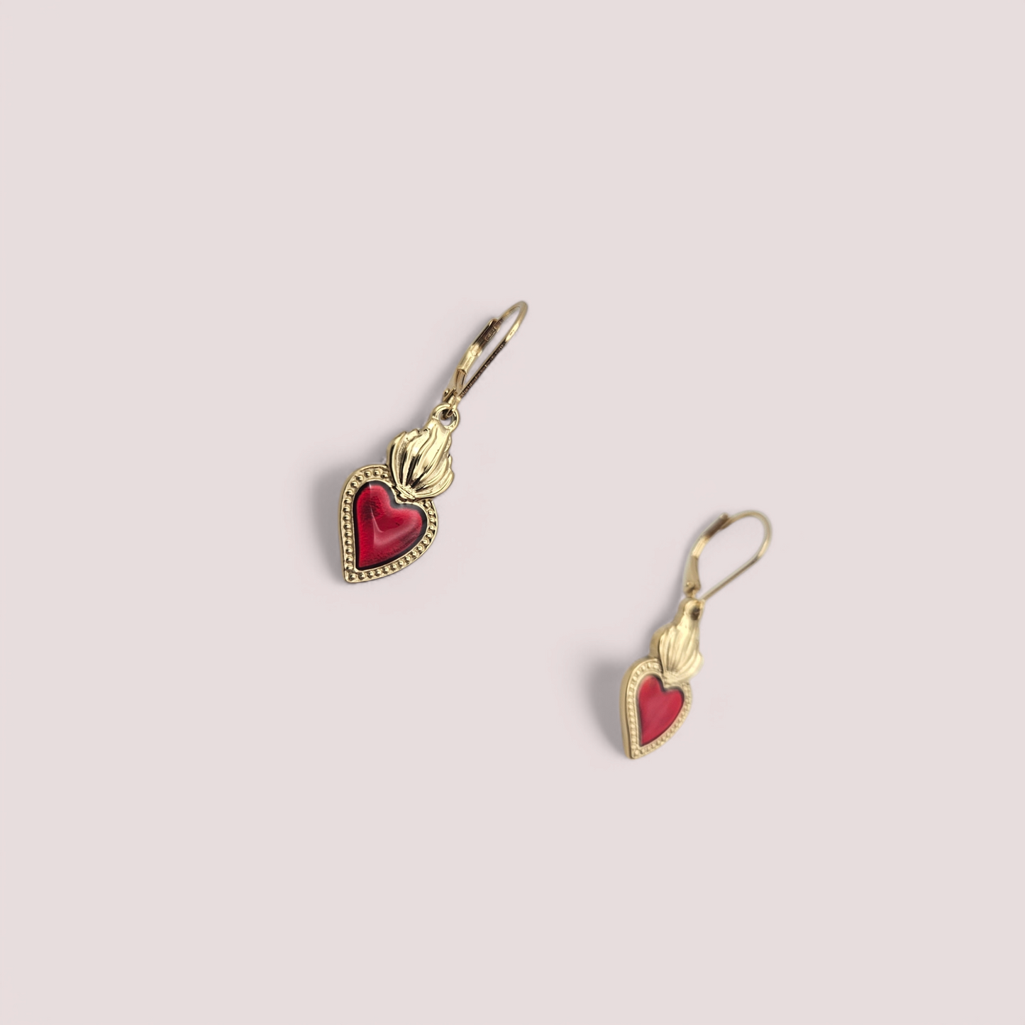 Gold Sacred Heart Earrings - Red
