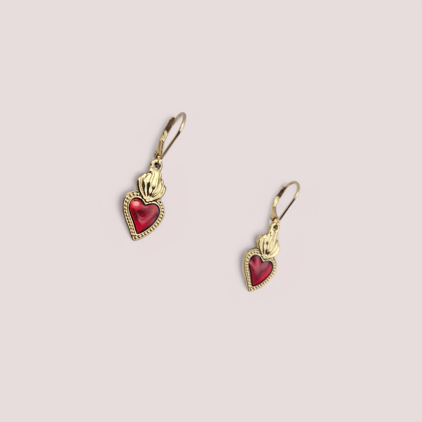 Gold Sacred Heart Earrings - Red