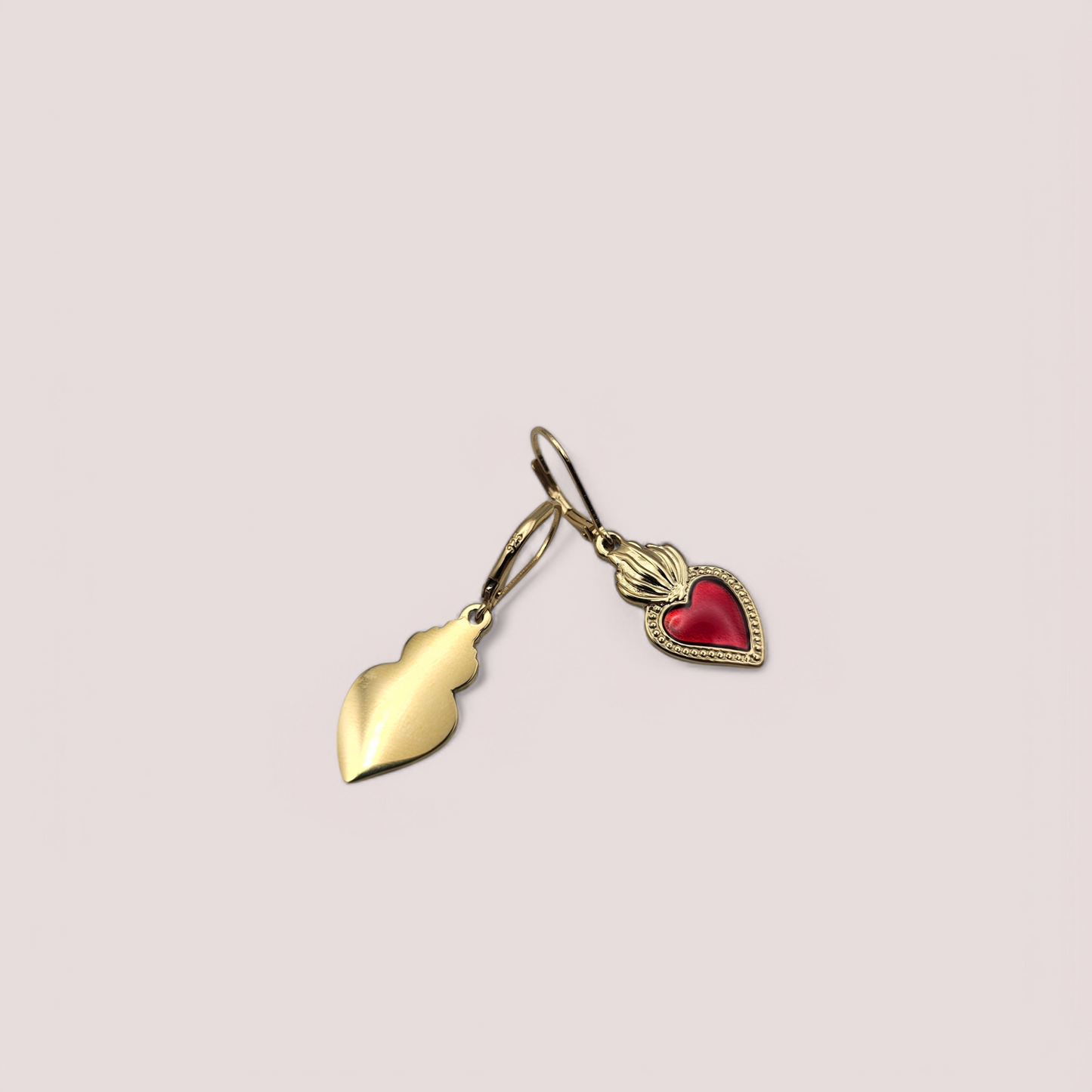 Gold Sacred Heart Earrings - Red
