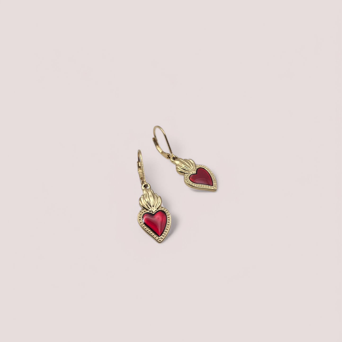 Gold Sacred Heart Earrings - Red