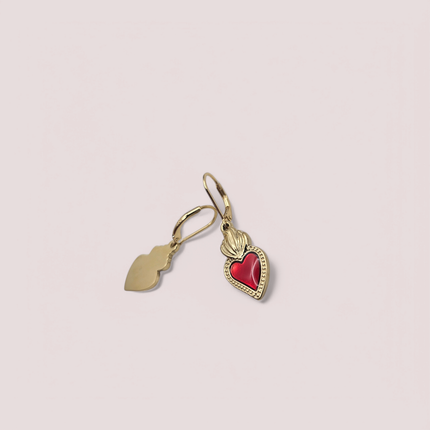 Gold Sacred Heart Earrings - Red
