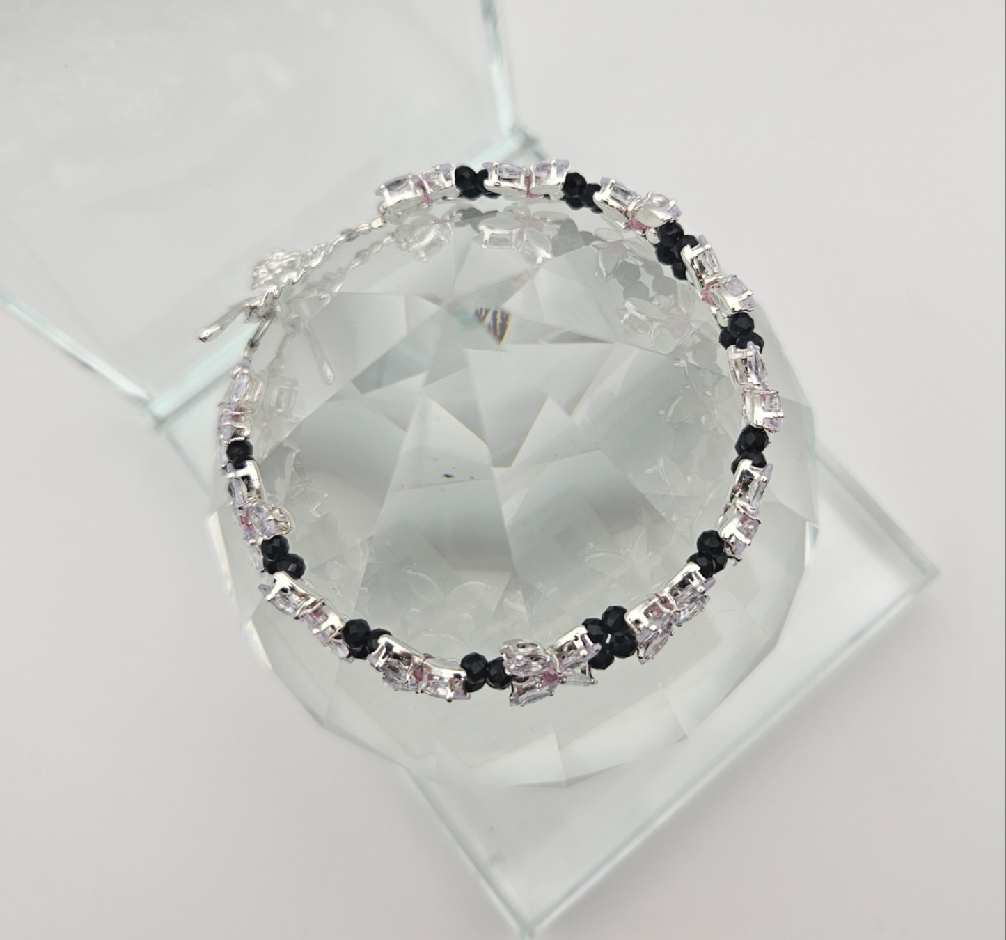 Clear Zircon, Black and Pink Faceted Bracelet 6.5"
