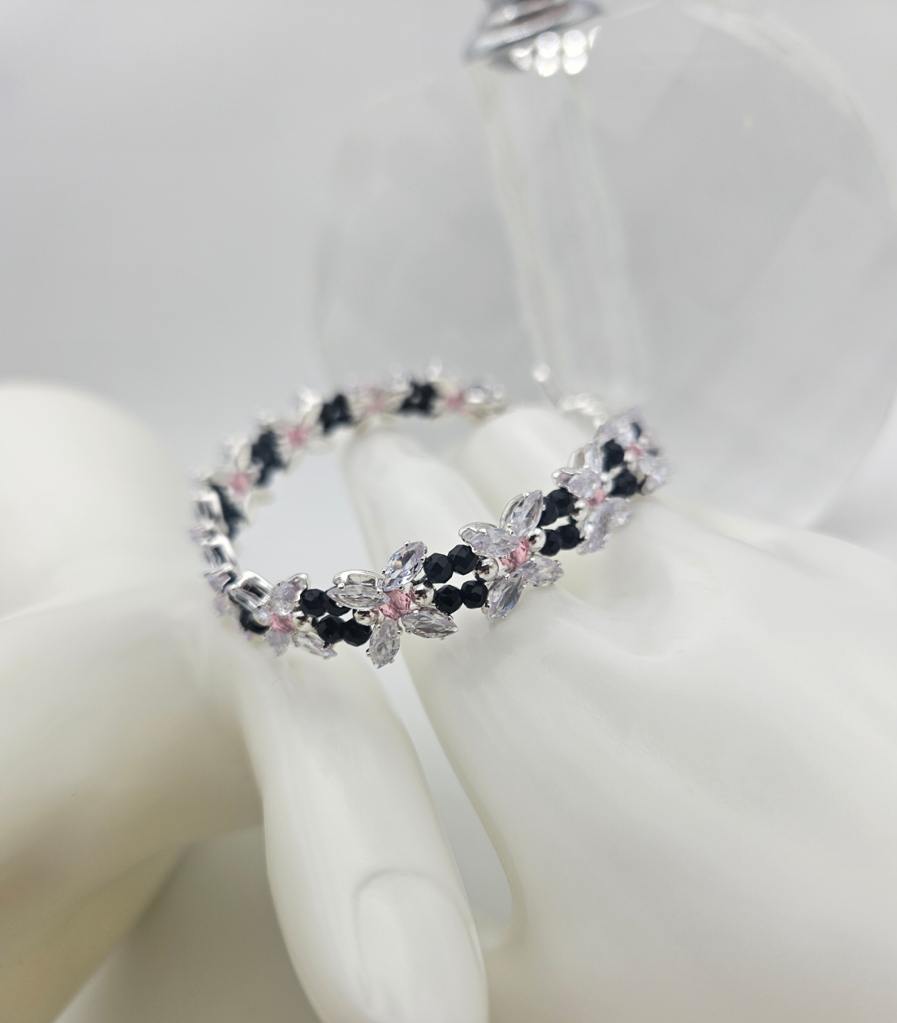Clear Zircon, Black and Pink Faceted Bracelet 6.5"
