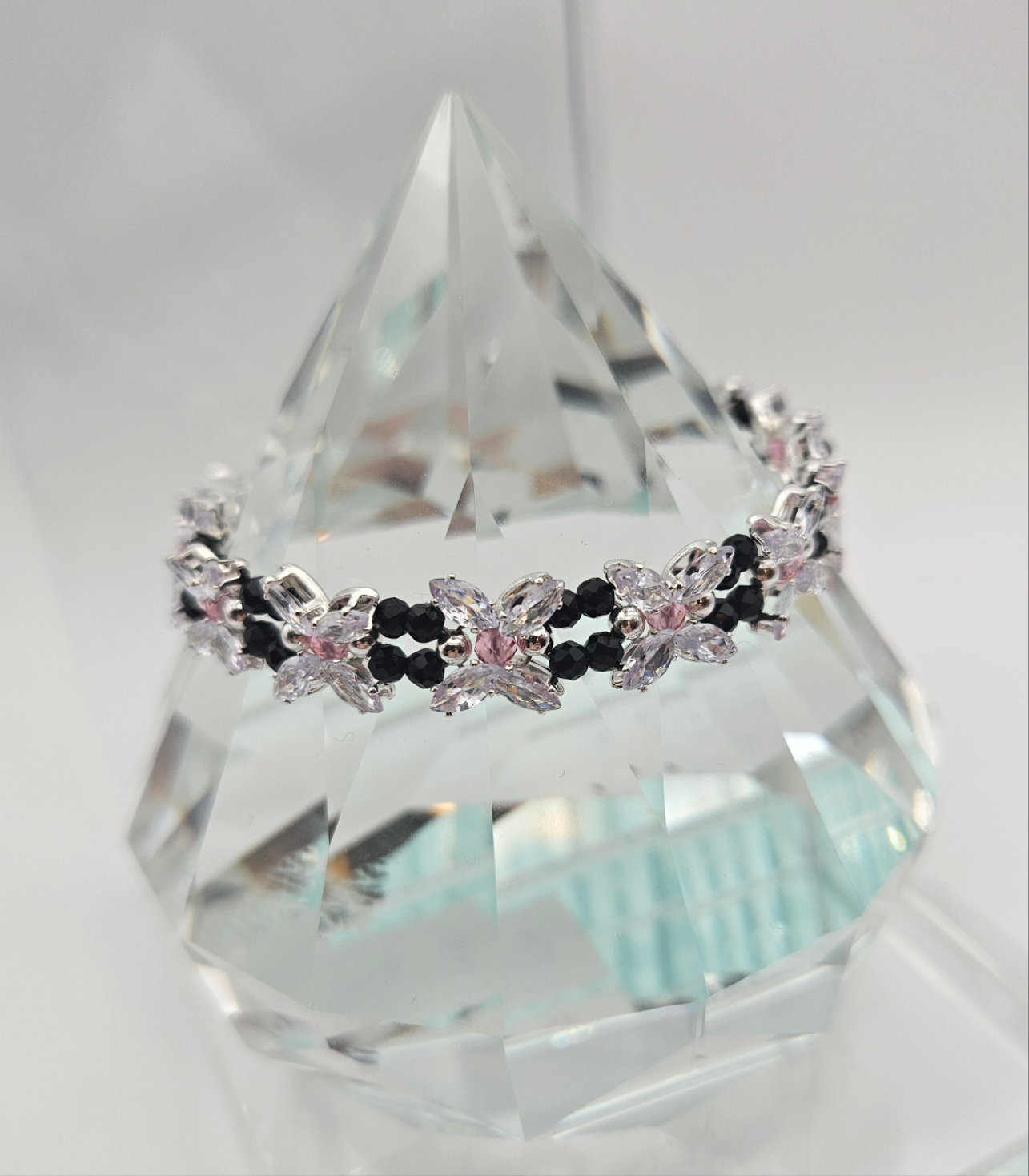 Clear Zircon, Black and Pink Faceted Bracelet 6.5"