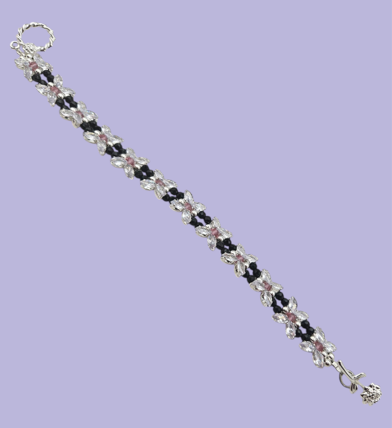 Clear Zircon, Black and Pink Faceted Bracelet 6.5"