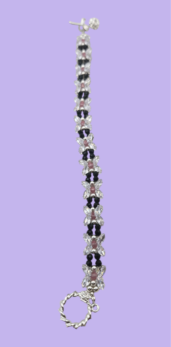 Clear Zircon, Black and Pink Faceted Bracelet 6.5"