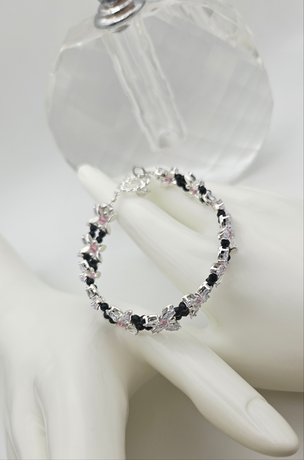 Clear Zircon, Black and Pink Faceted Bracelet 6.5"