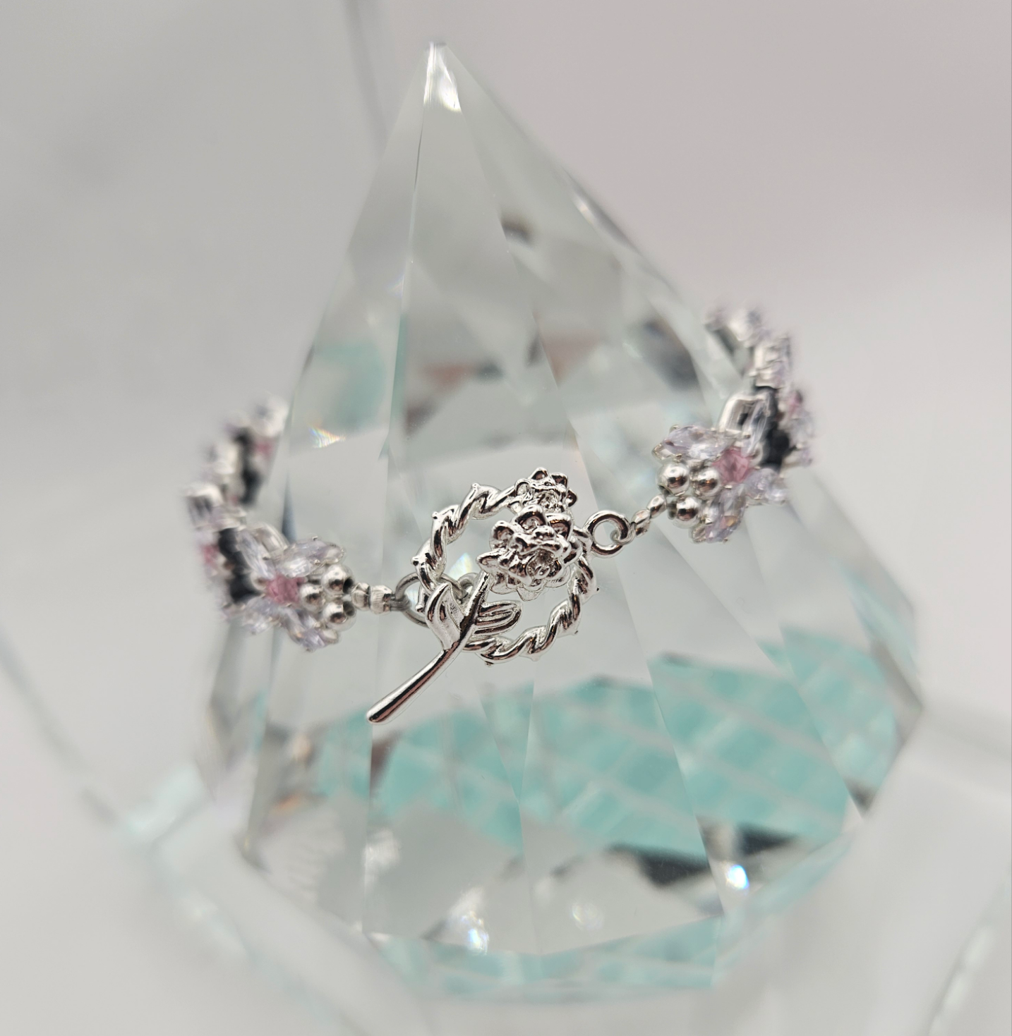 Clear Zircon, Black and Pink Faceted Bracelet 6.5"