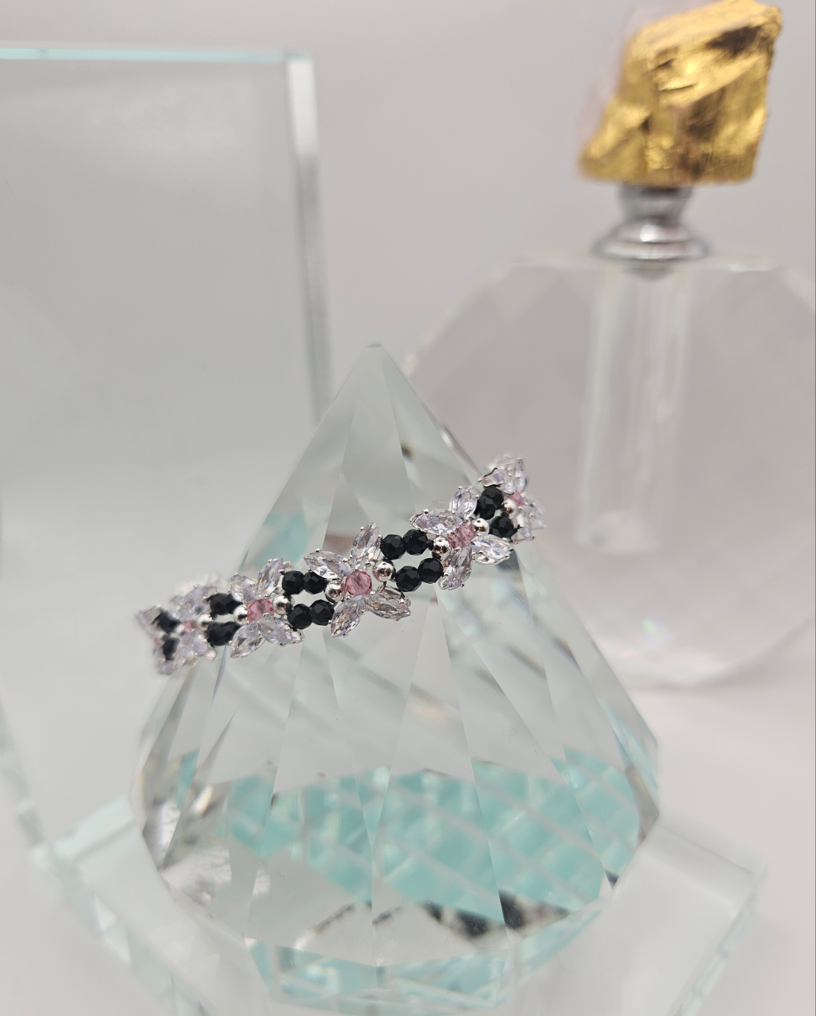 Clear Zircon, Black and Pink Faceted Bracelet 6.5"