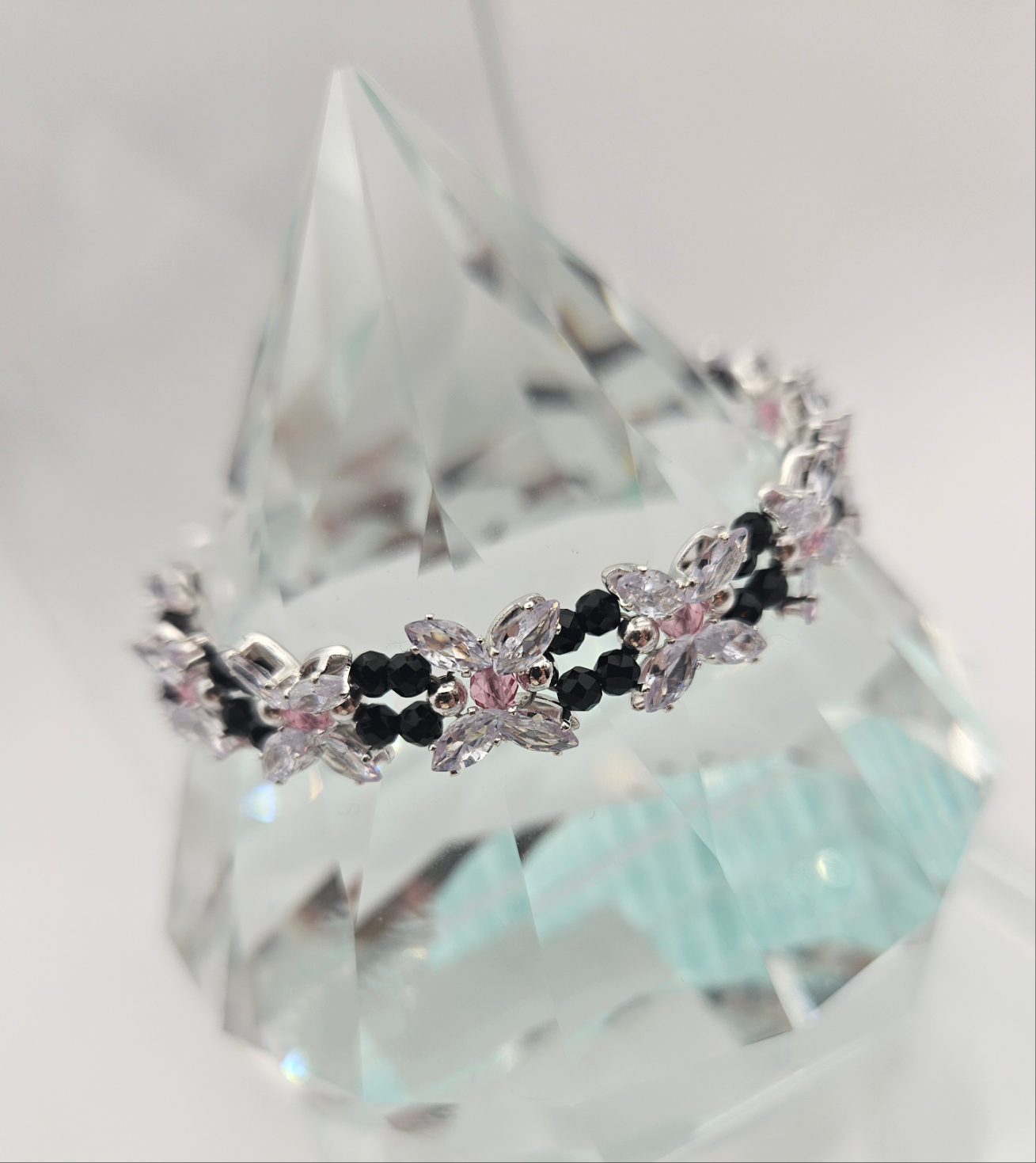 Clear Zircon, Black and Pink Faceted Bracelet 6.5"
