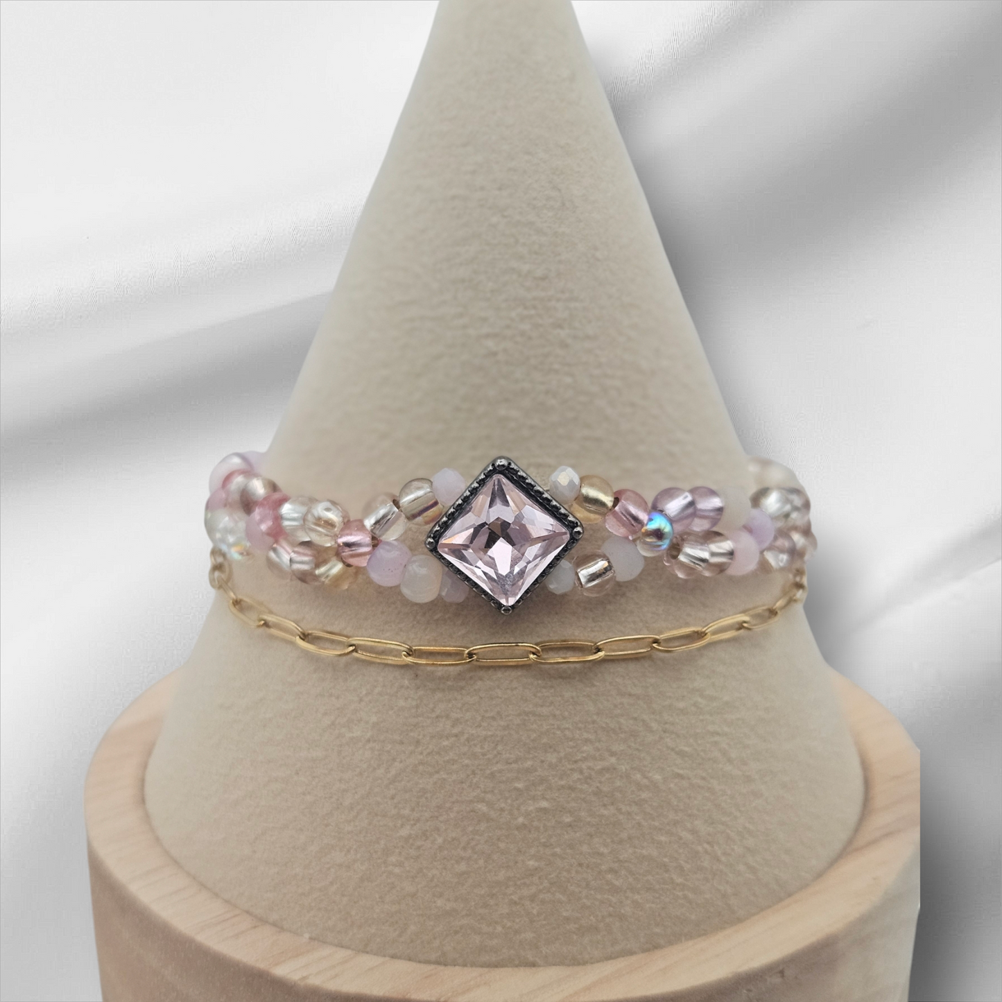 PINK Seed bead & GOLD Paperclip chain - Bracelet Set