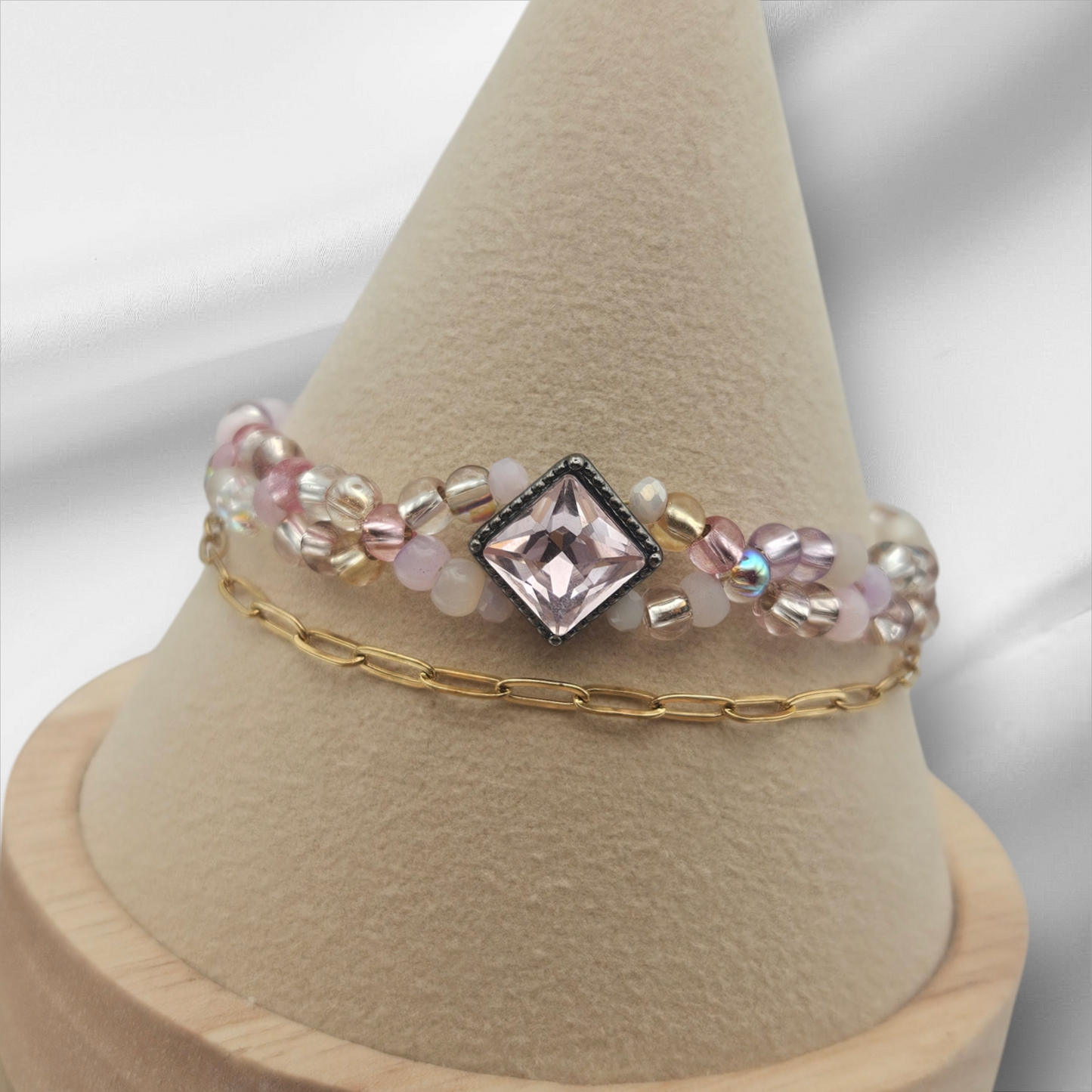 PINK Seed bead & GOLD Paperclip chain - Bracelet Set