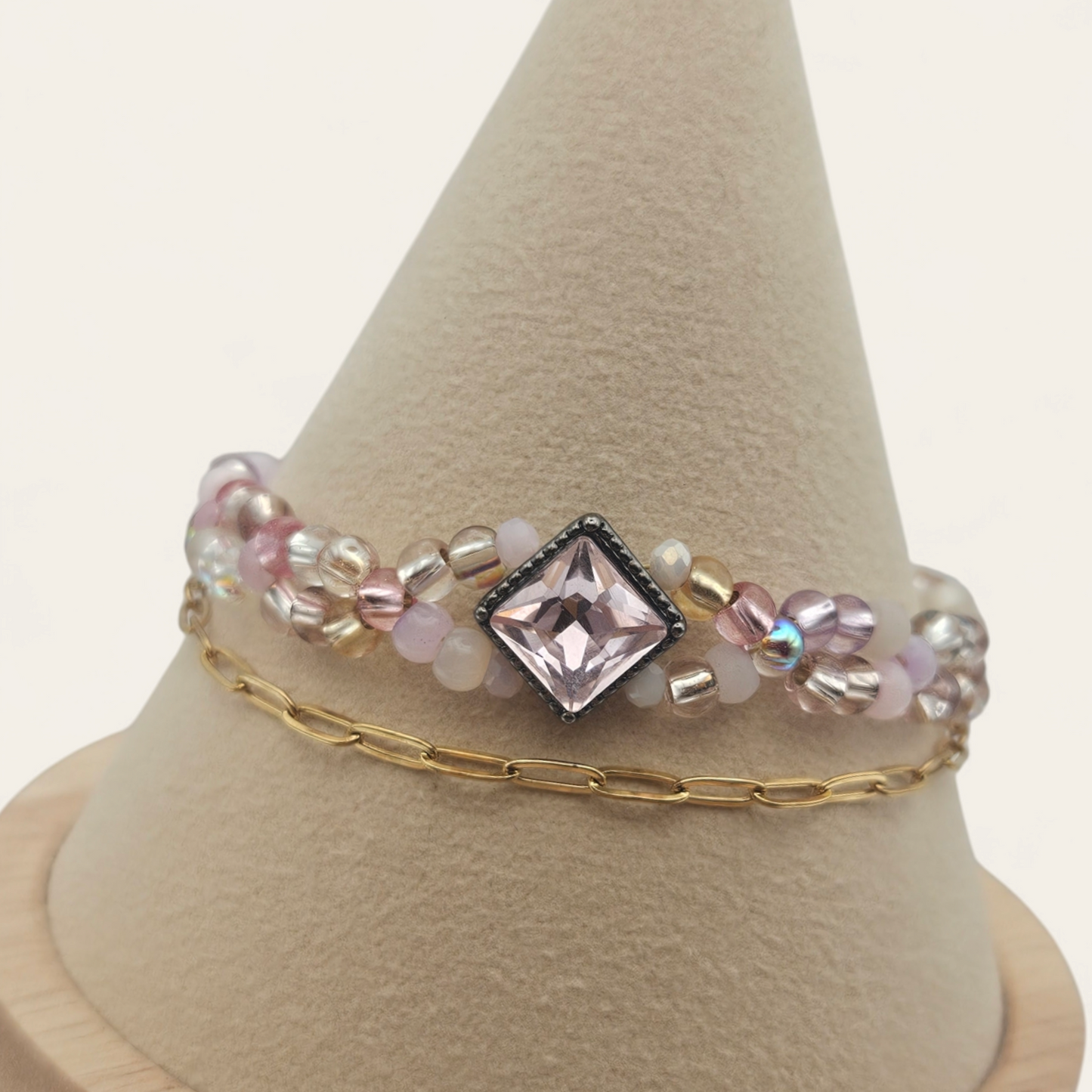PINK Seed bead & GOLD Paperclip chain - Bracelet Set