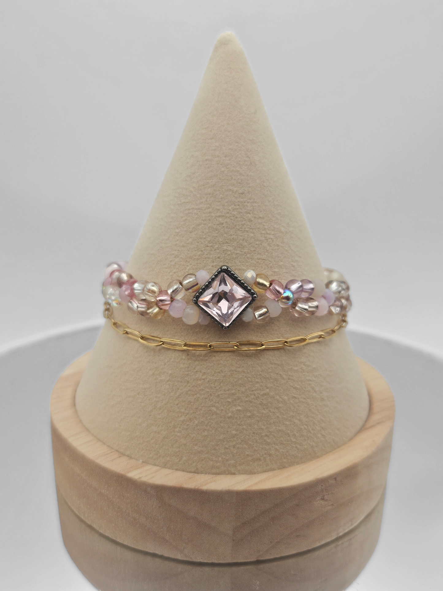 PINK Seed bead & GOLD Paperclip chain - Bracelet Set