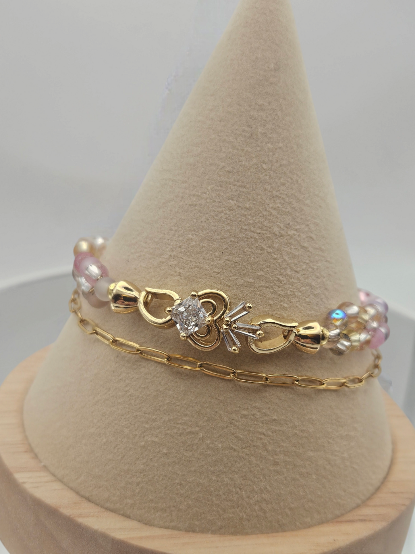 PINK Seed bead & GOLD Paperclip chain - Bracelet Set