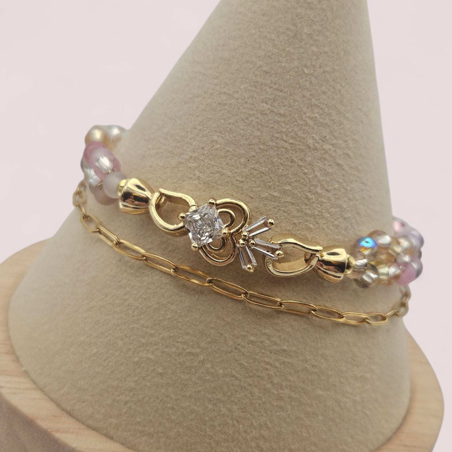 PINK Seed bead & GOLD Paperclip chain - Bracelet Set