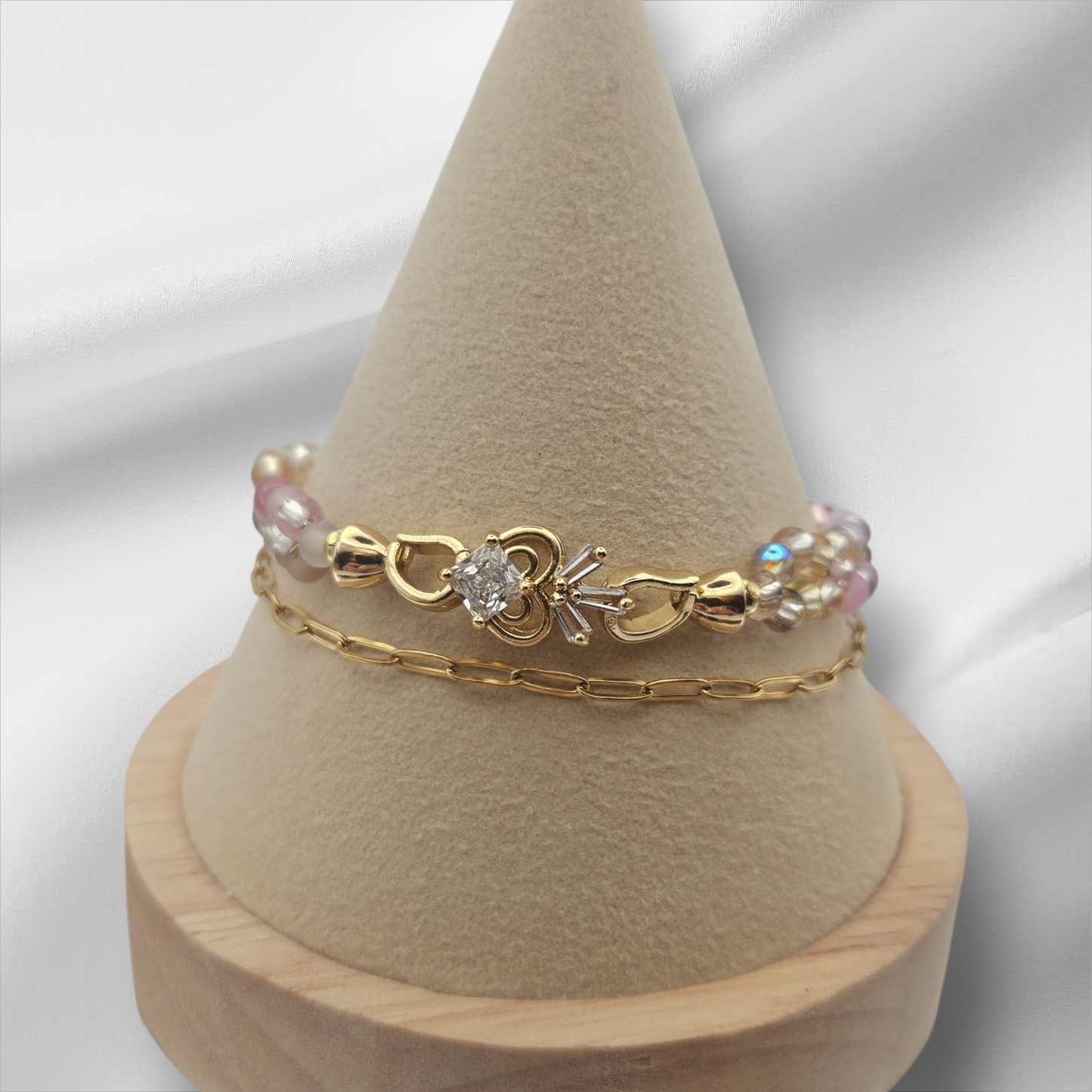 PINK Seed bead & GOLD Paperclip chain - Bracelet Set