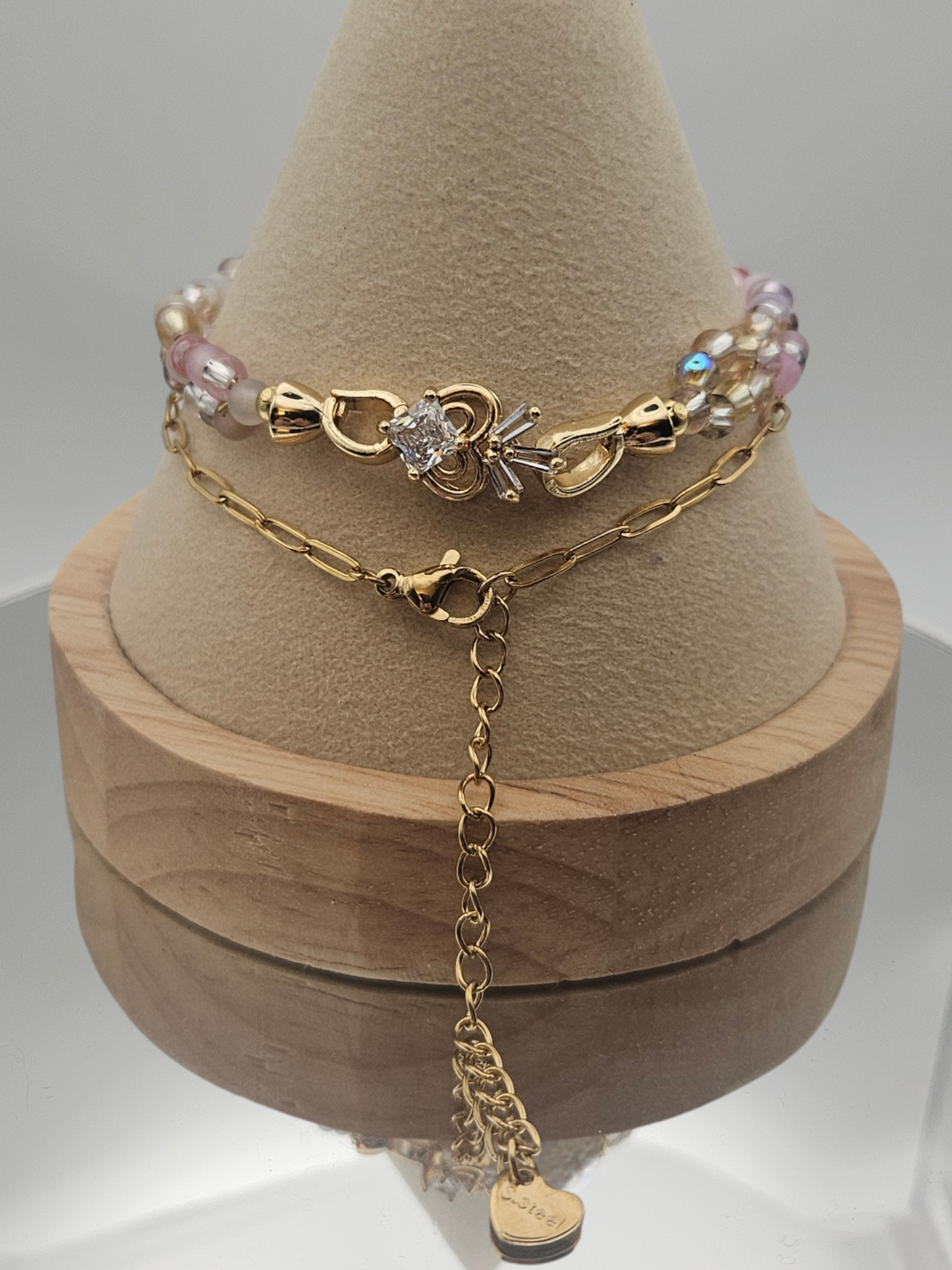 PINK Seed bead & GOLD Paperclip chain - Bracelet Set