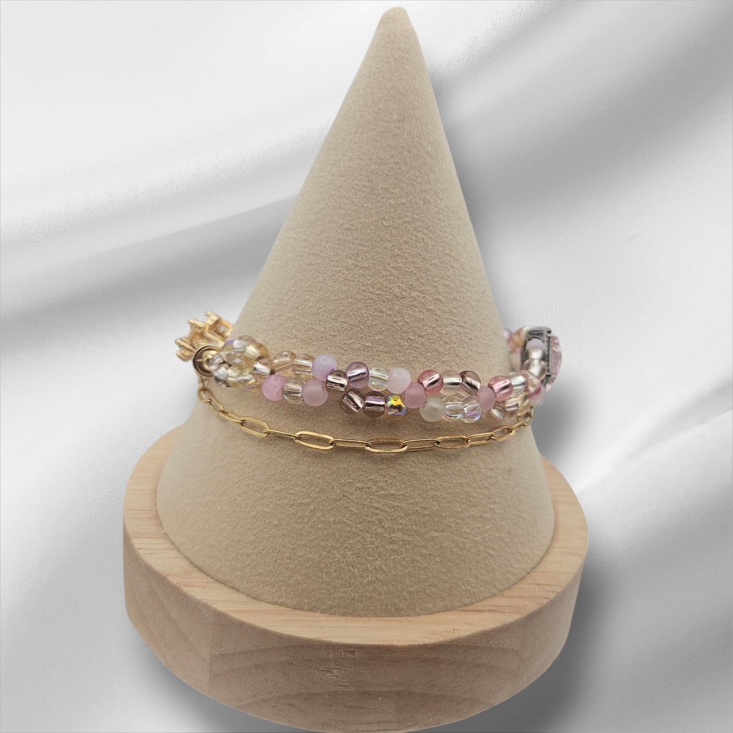 PINK Seed bead & GOLD Paperclip chain - Bracelet Set