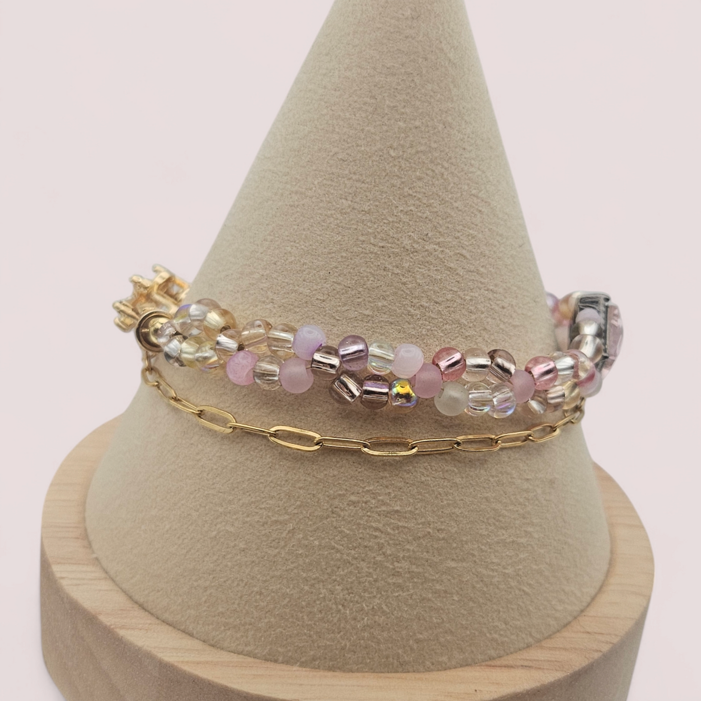 PINK Seed bead & GOLD Paperclip chain - Bracelet Set
