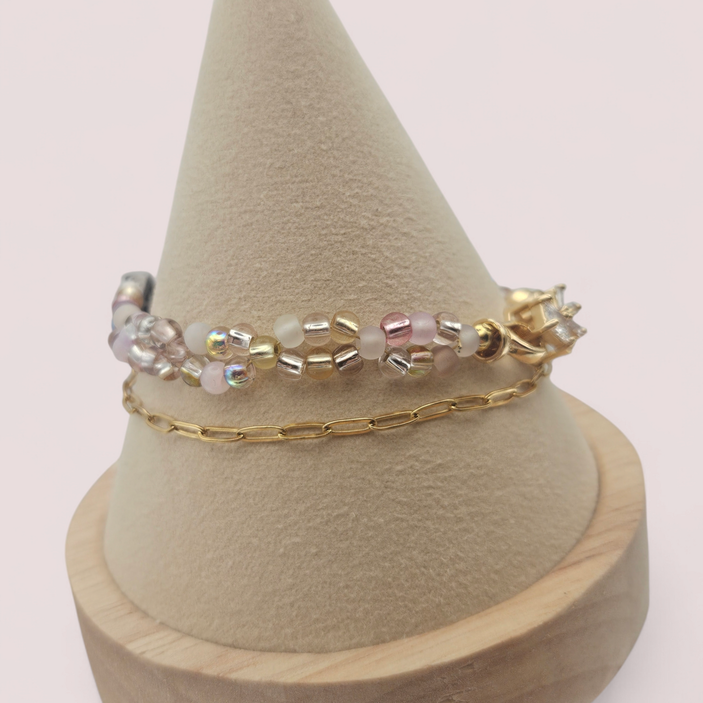 PINK Seed bead & GOLD Paperclip chain - Bracelet Set