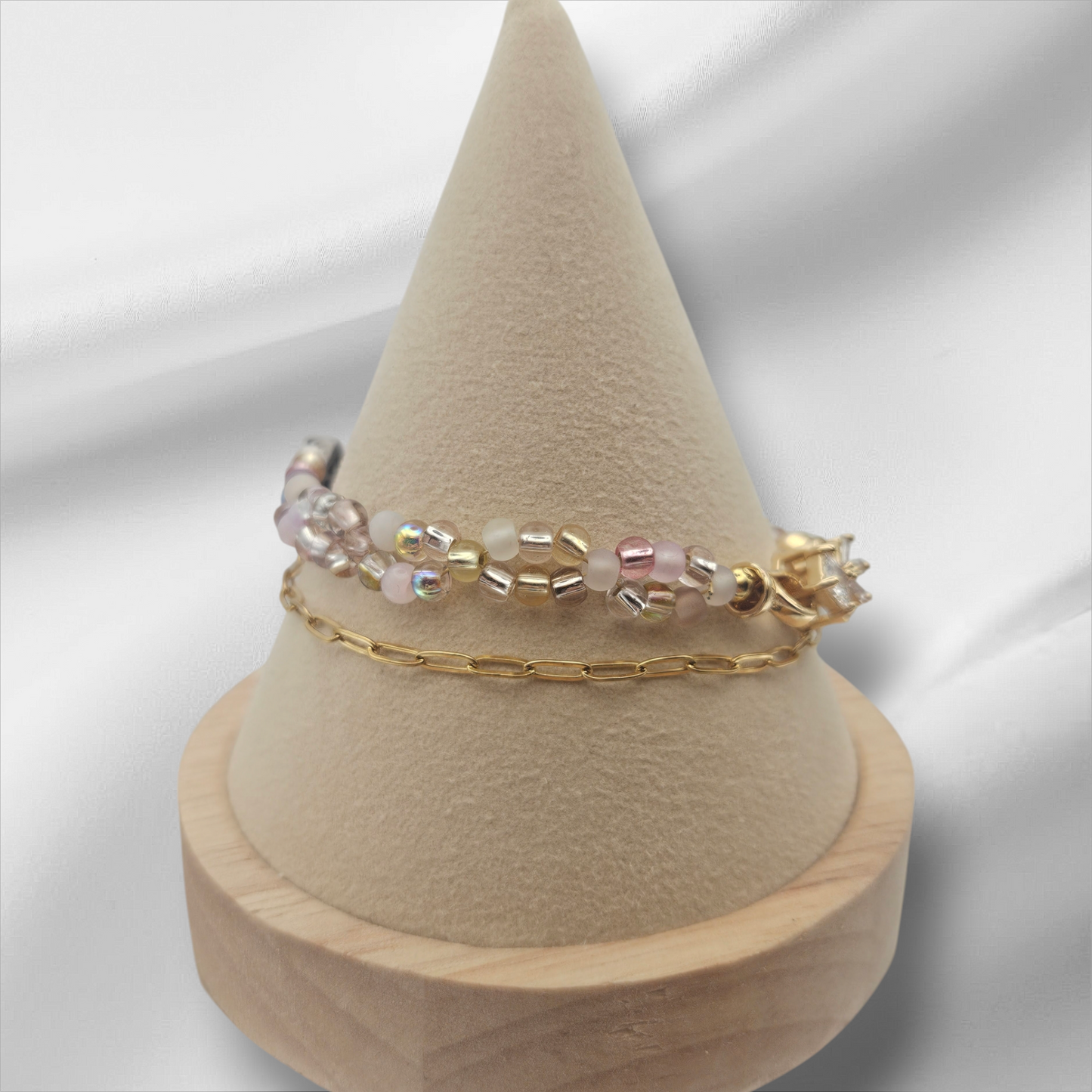 PINK Seed bead & GOLD Paperclip chain - Bracelet Set