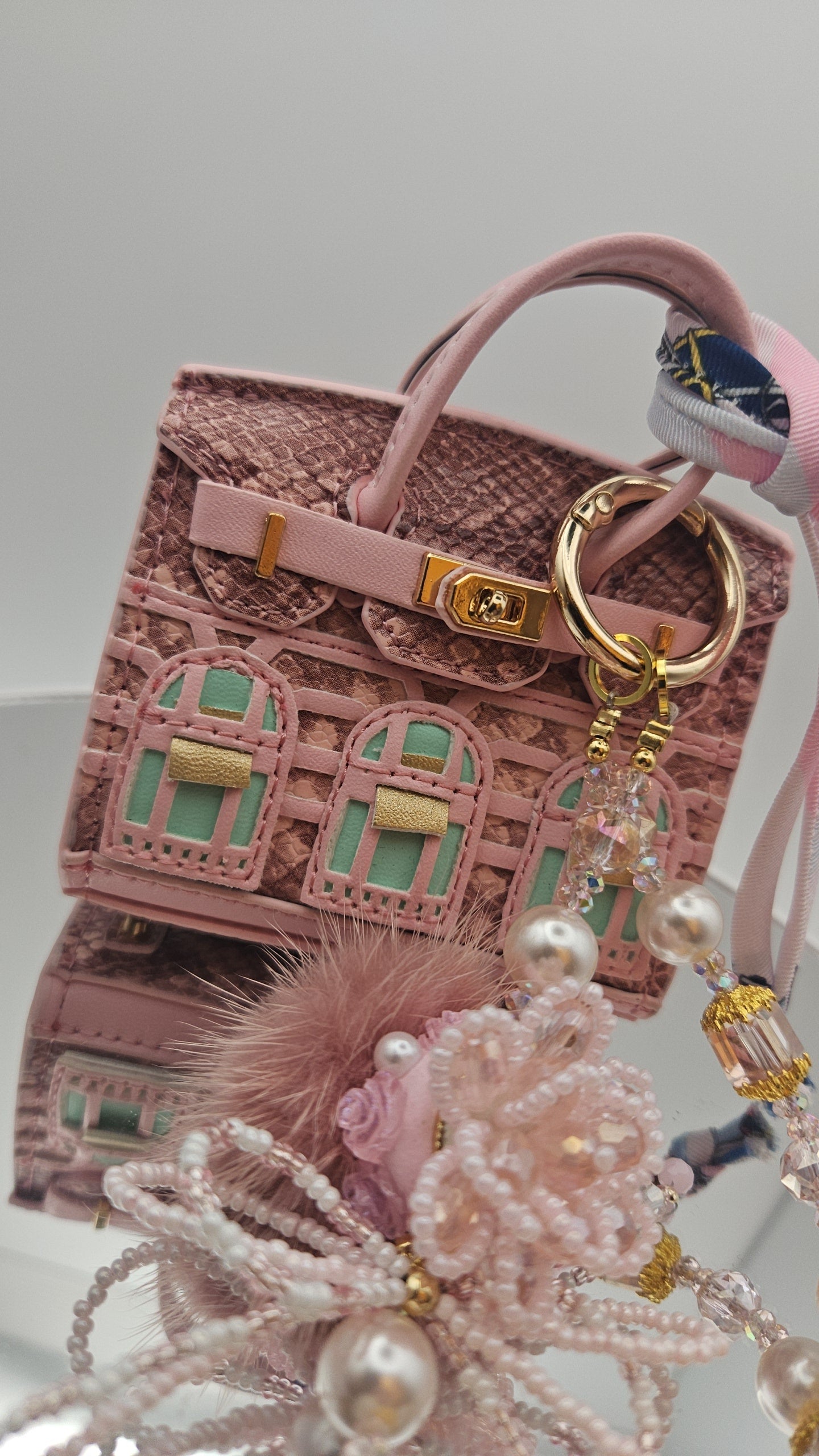 Pink Faux Leather Bag with Charms, Keychain Attachment, Decorative Charm & Cute String for Versatile Use