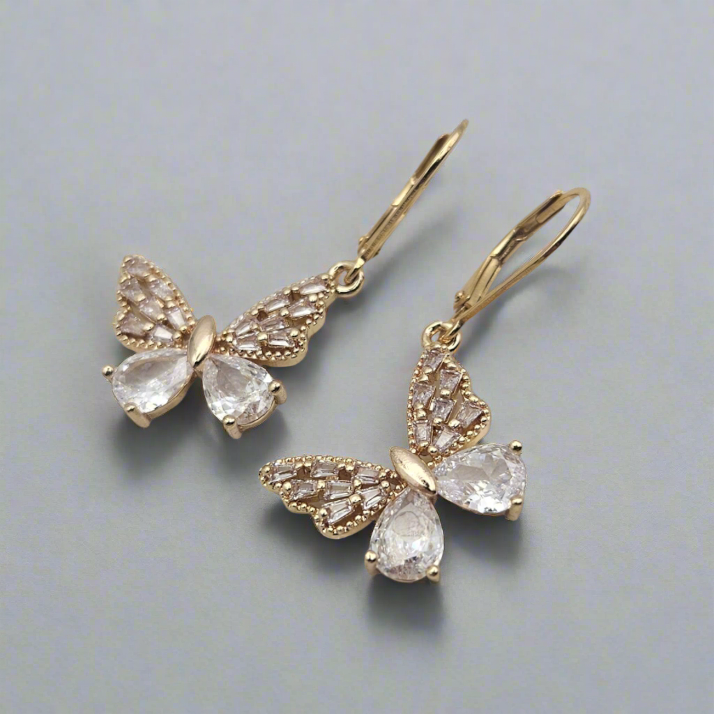 Gold Clear Quartz Butterfly Earrings