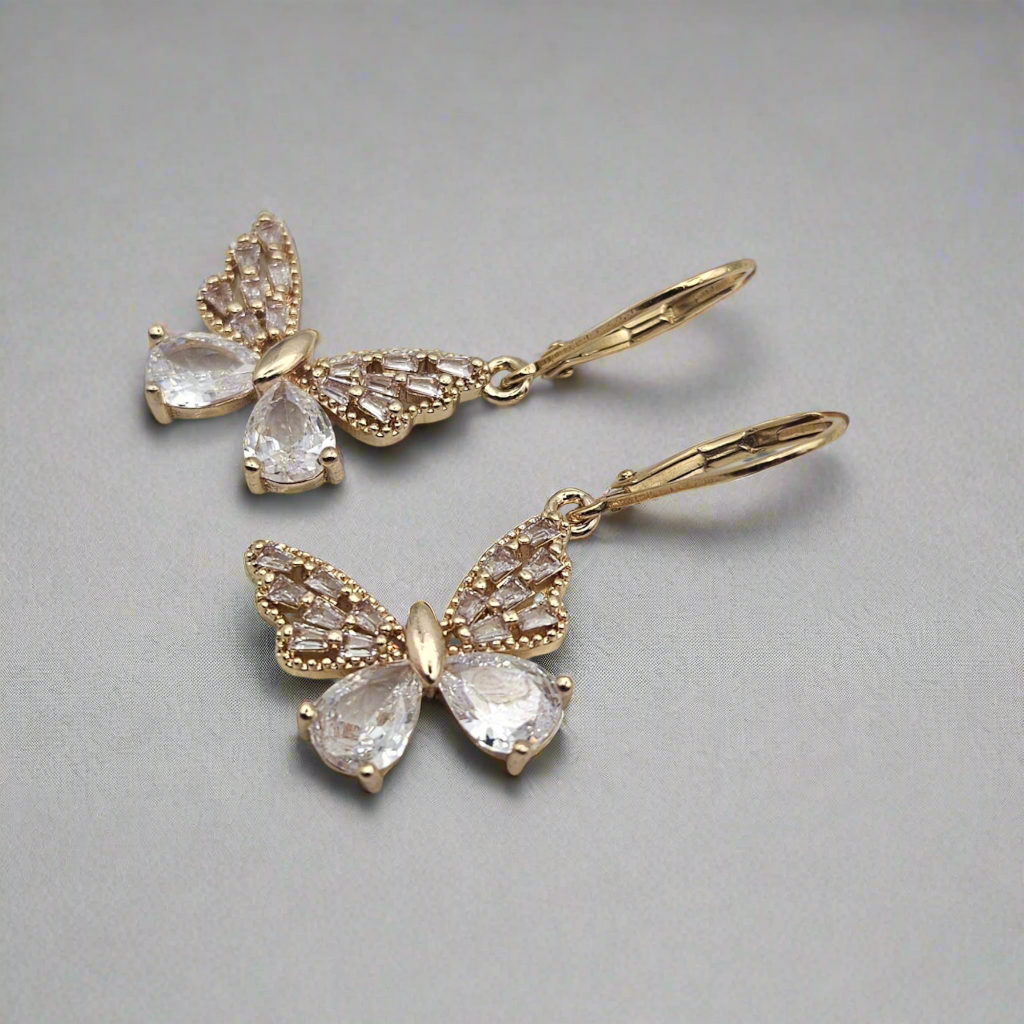Gold Clear Quartz Butterfly Earrings