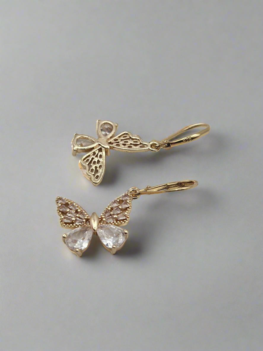 Gold Clear Quartz Butterfly Earrings