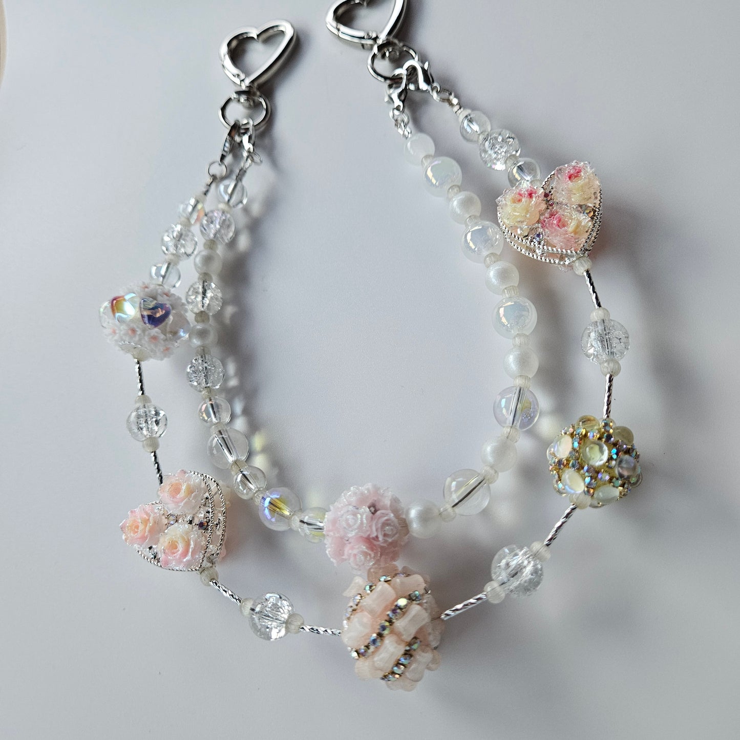 Metal Heart & Bedazzled Beads Purse Charm - Pink & Yellow