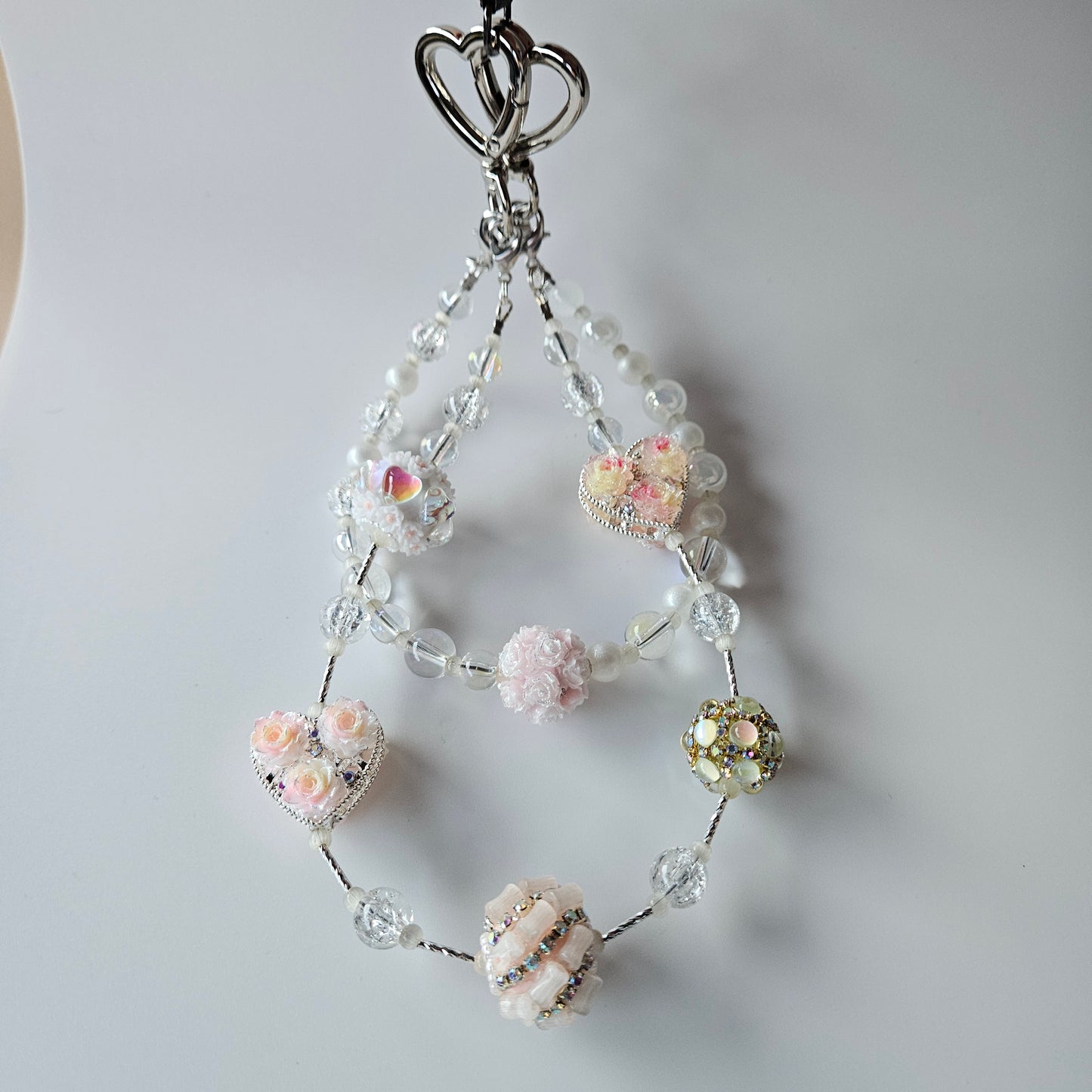 Metal Heart & Bedazzled Beads Purse Charm - Pink & Yellow