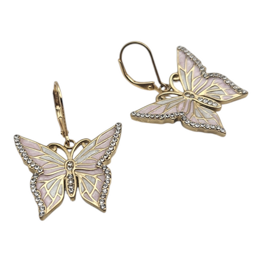 A pair of gold butterfly earrings with metallic finish, featuring butterfly accents in pink and white, and small crystal embellishments.