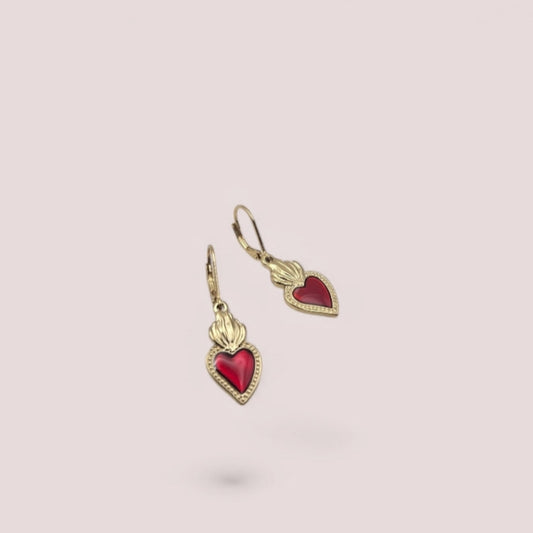 Gold Sacred Heart Earrings - Red