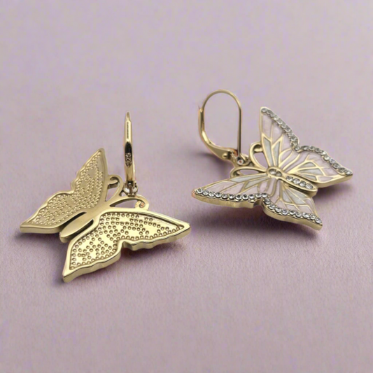 A pair of gold-plated butterfly earrings with leverback clasps.