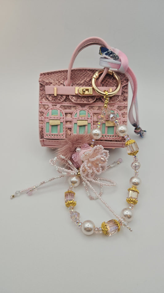 Pink Faux Leather Bag with Charms, Keychain Attachment, Decorative Charm & Cute String for Versatile Use