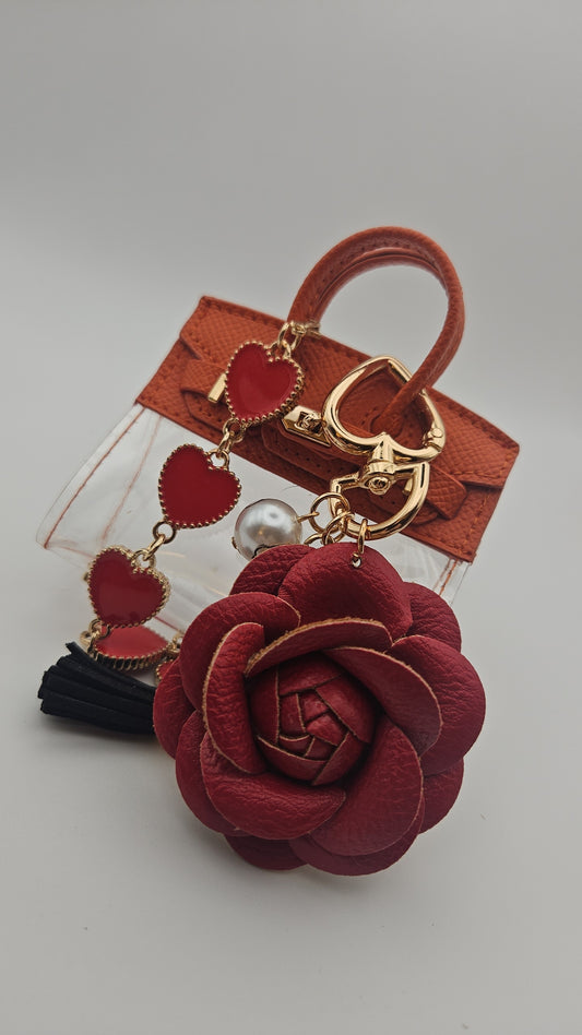 Small Purse Charm with Red Heart Pendant, Gold Clasp & Decorative Elements, Includes Rose Design